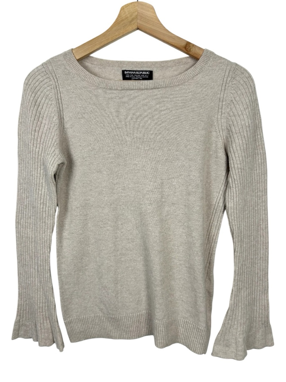 BANANA REPUBLIC Merino Wool Blend Crewneck Sweater Trumpet Sleeves, Beige, Small